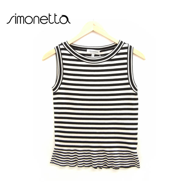 【simonetta】シモネッタ ノースリーブ 綿編み物 トップス 小わっぱ服 キッズ 大いさ15/168 間借り人 白いこと×黒いこと 白×黒 綿織物 イタリア製 付け札付【美品】【中古】 キッズ・ベビー・マタニティ-タンクトップ