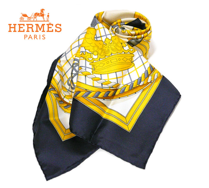 【楽天市場】【HERMES】エルメススカーフ カレ90 GRANDE TENUE 馬の礼装 大判スカーフ 90cm ネイビー×イエロー×
