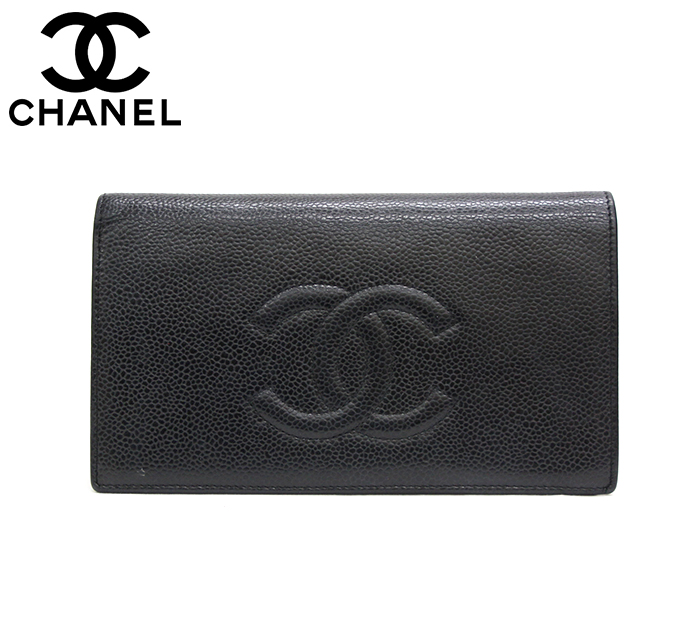 【楽天市場】【CHANEL】シャネル キャビアスキン二つ折り長財布 ブラック 黒 ココマーク【中古】：リサイクルストア エコライフ