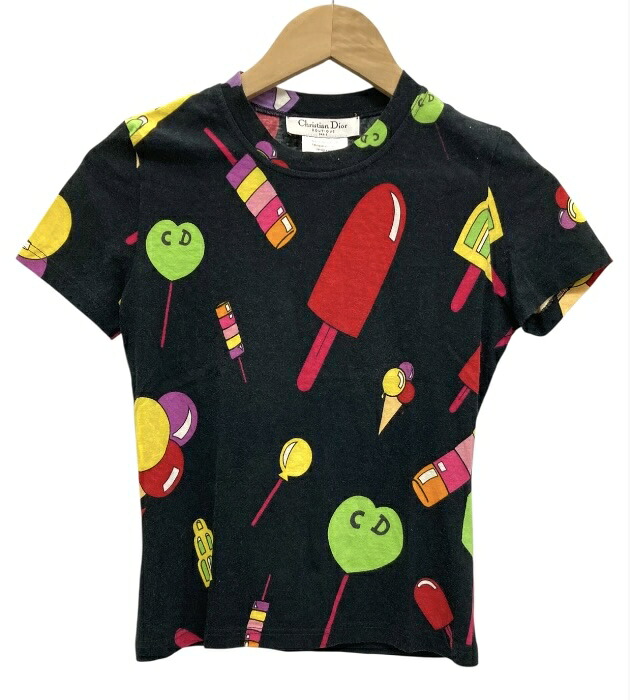 【Christian Dior】 クリスチャンディオール 2P12155022 02SS アイスクリームキャンディーTシャツ サイズ38 ブラック系 ガリアーノ期 レディース 【中古】FB3802