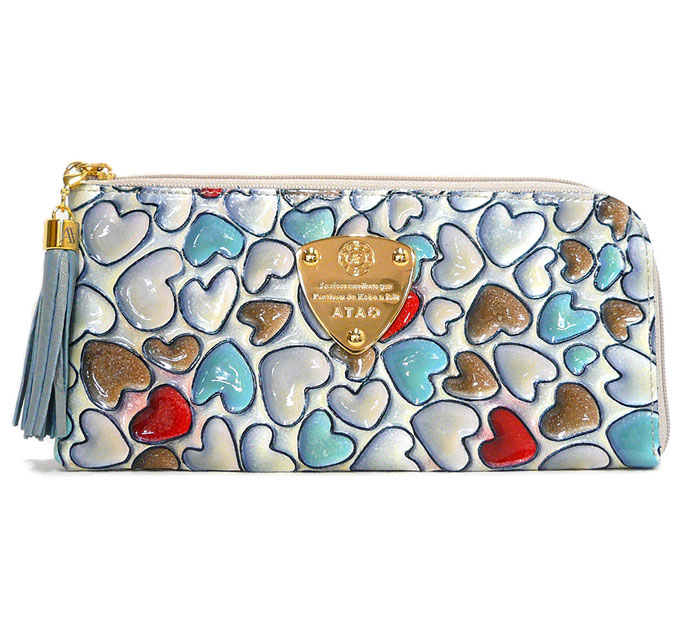 Atao アタオ リモ ハッピーヴィトロ キャトル 長財布 カームラブ ハート ブルー系 L字ファスナー エナメル イタリアンレザー On4323 美品 中古 Tajikhome Com