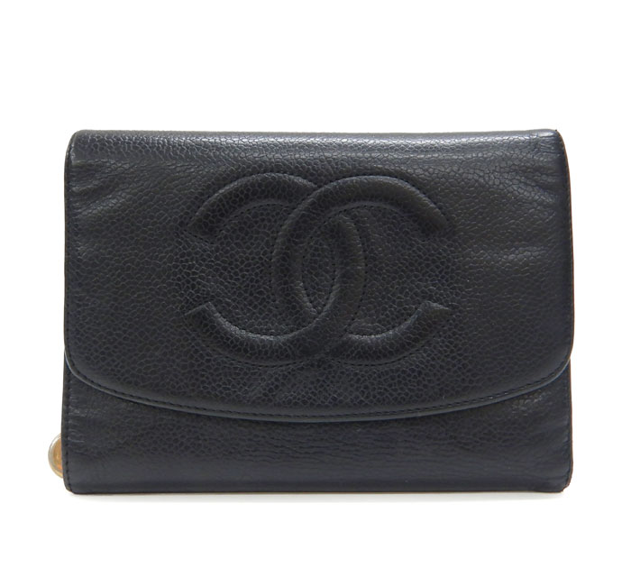 美品 シャネル レザー 折り財布 キャビアスキン ココマーク マトラッセ 黒 CHANEL シャネル 二つ折り財布 マトラッセ キャビアスキン ココ