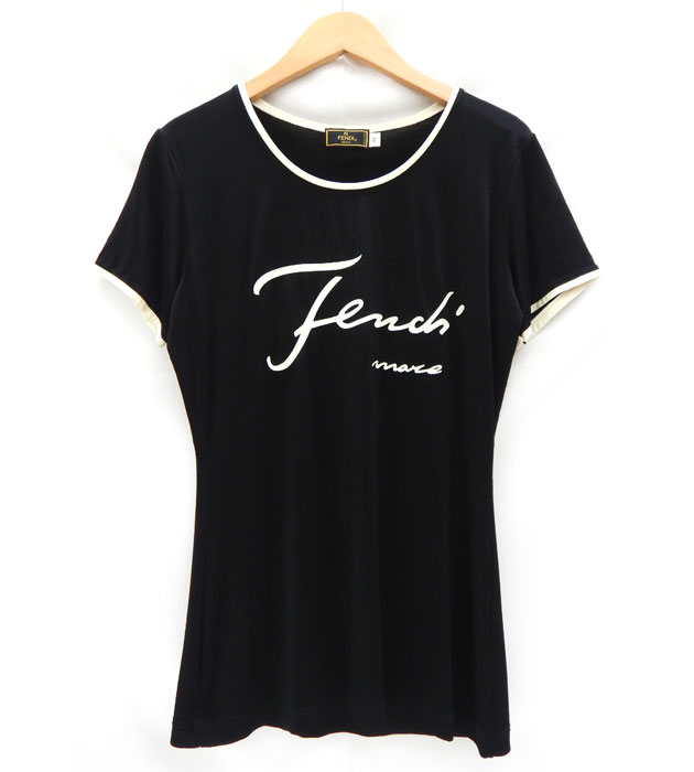 FENDI フェンディ ロゴTシャツ 半袖 ヴィンテージ ブラック FENDI フェンディ フロントロゴ 胸ジップ クルーネック 半袖T
