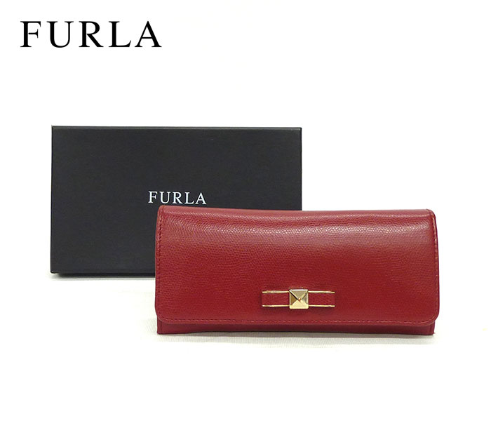 美品　フルラ　FURLA　二つ折り財布　クロコ型押し　バーガンディ org.jpg