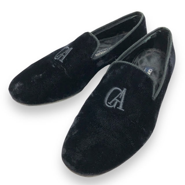 【値下げしました】【GIORGIO ARMANI】ジョルジオ アルマーニ ベルベット ローファー ロゴ サイズ37 シューズ 靴 RA7285【中古】