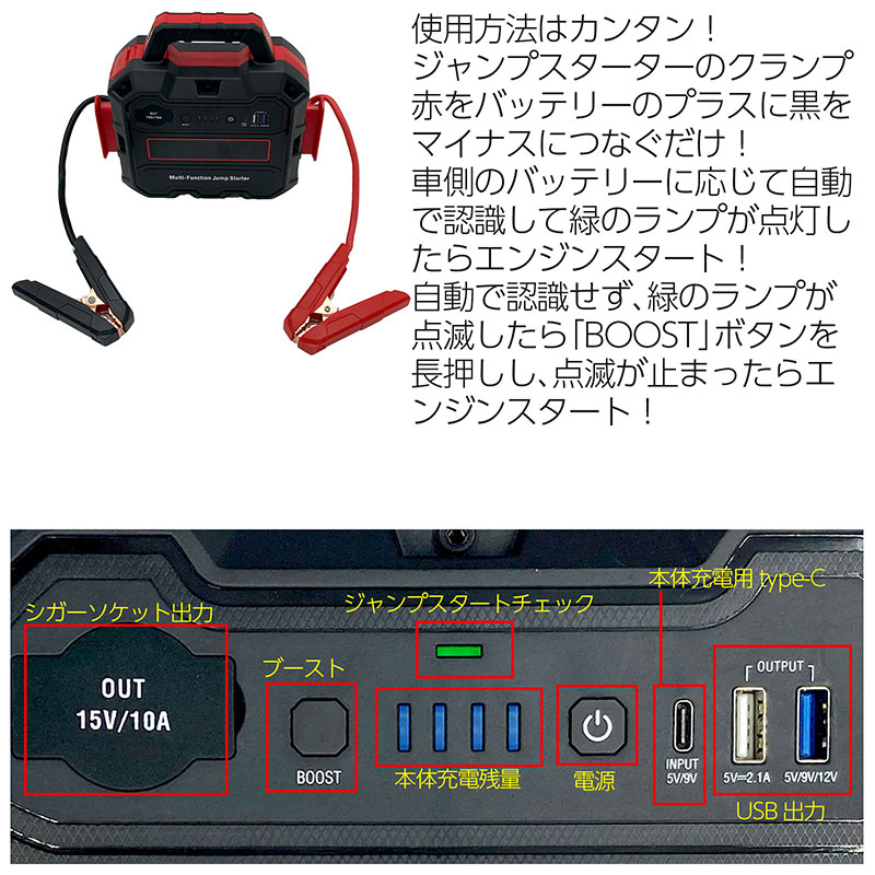 新着セール ジャンプスターター 12V車用 32000mAh モバイルバッテリー 1800A エンジンスターター 普通車 軽自動車 非常用ポータブル電源  バッテリー上がり 充電 ブースターケーブル キャンプ アウトドア 12Vジャンプスターター fucoa.cl