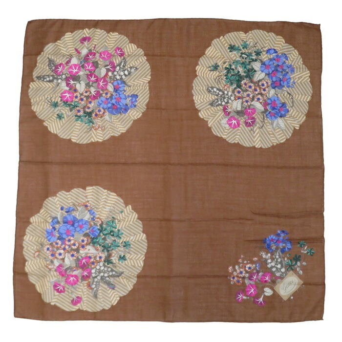 【中古】正規品 GUCCI グッチ スカーフ 86cmx86cm ウールｘシルク ブラウン 花柄 イタリア製【送料無料】｜株式会社ｅ-バリュー