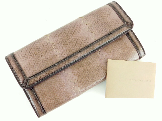 百貨店SALE制限事項通貨価値!!【中古】 置き目品 Bottega Veneta ボッテガヴェネタ リザードスキン 鋳貨 歌留多 ロングウォレット 長札入れ 銭入れ 革 パープル系 薄紫系 イタリア製