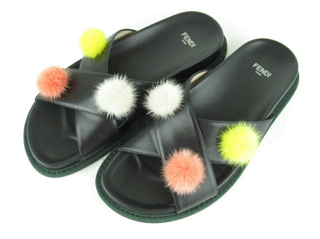 【中古】正規品 FENDI フェンディ カラフルポンポン付きレザーフラットクロスサンダル 37サイズ ぺたんこ つっかけ 靴 ヒールなし 女性用 レディース 婦人 黒 ブラック イタリア製【送料無料】 98,934円