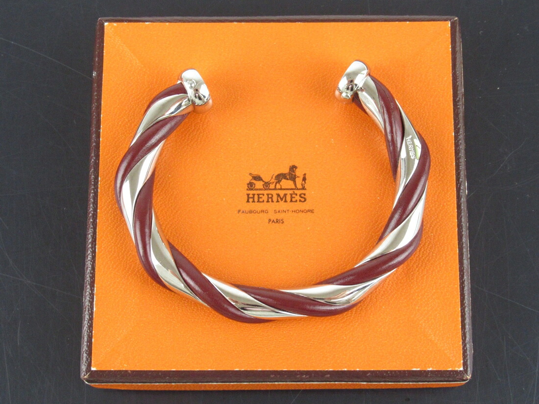 【中古】正規品 HERMES エルメス ツイストデザイン カフバングルブレスレット シルバートーン&ボルドー 保存箱付き【送料無料】 38,922円