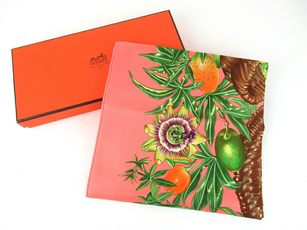 【中古】正規品 HERMES エルメス Passiflores パッションフラワー V. Dawlat カレ90 ピンク 正方形 スカーフ レディース 婦人 女性 箱付【送料無料】
