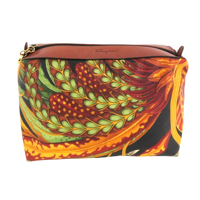 百貨店SALE制限事項通貨価値!!【中古】定まり品 Salvatore Ferragamo サルヴァトーレ・フェラガモ ボタニカル柄 コスメポーチ かざり付ける合財袋  PVCｘなめし革 イタリア製