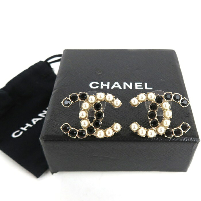【中古】CHANEL シャネル フェイクパールｘブラックストーン CC ピアス ココマーク B20 ホワイト ブラックイタリア製 保存袋・ 外箱付【送料無料】