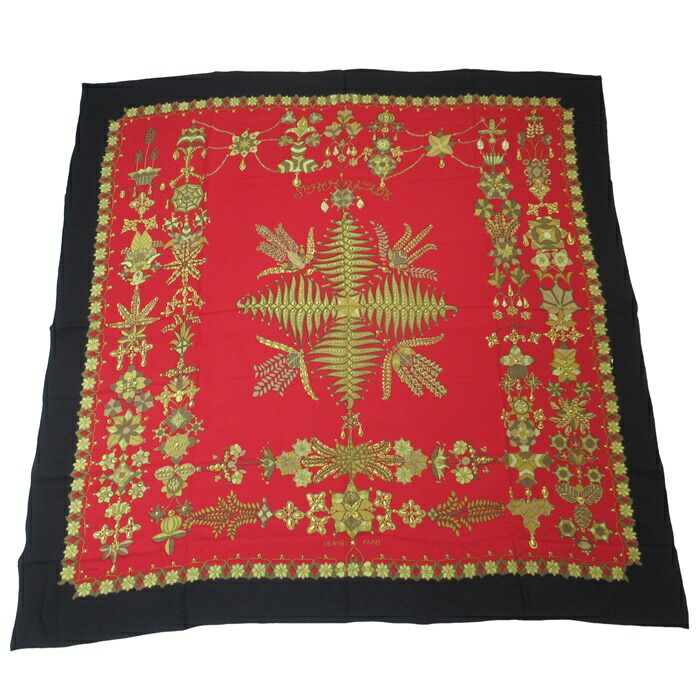 【中古】置き目品 HERMES エルメス  カレ140 ムスリン シフォンえり巻き Scheherazade『シェヘラザード』 絹地100％  赤いことｘ黒いこと フランス共和国製 【貨物輸送無料】