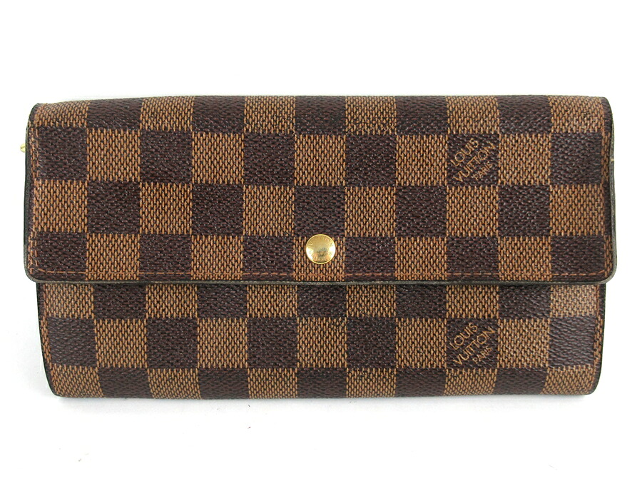 【中古】正規品 Louis Vuitton ルイ・ヴィトン ダミエ エベヌ ポルトフォイユ レザー 二つ折り財布 長財布 ブラウン 革製 メンズ レディース【送料無料】