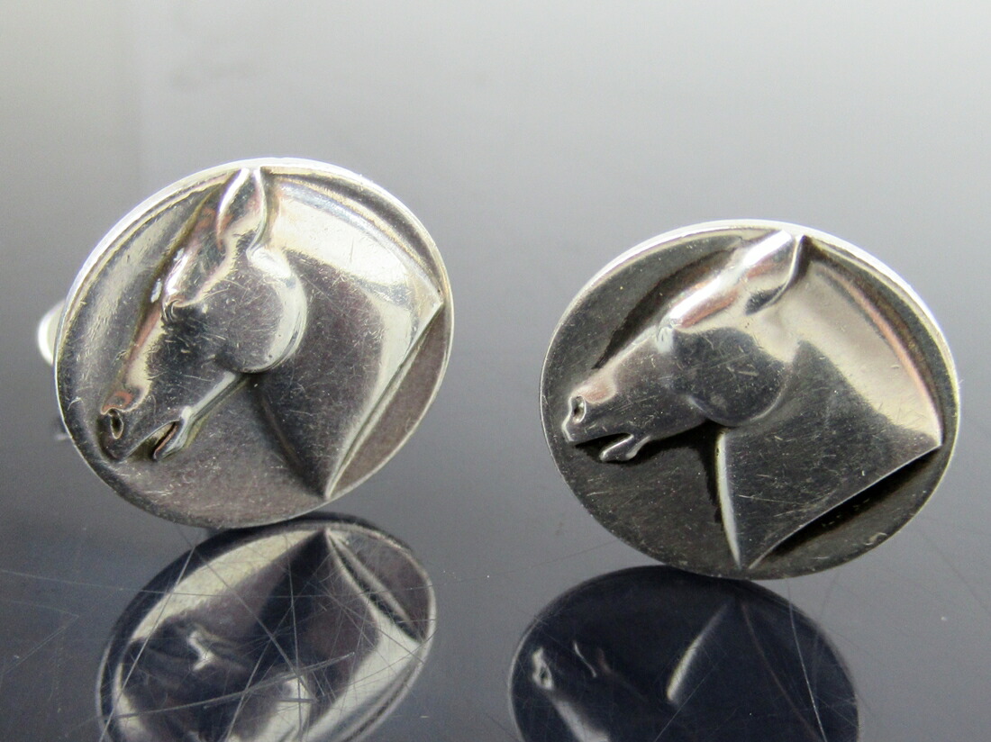 【中古】置き目品 GEORG JENSEN ジョージ・ジェンセン カフスリンク 折り返し山猫 #63 しろがね色925 銀製 デンマーク王国製 馬 導管 メンズ佩び物【貨物輸送無料】