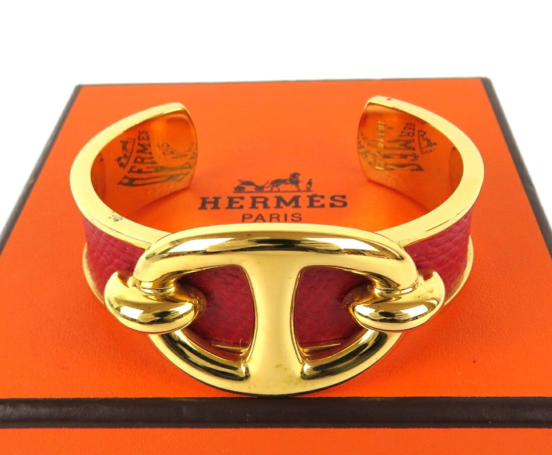 【中古】正規品 HERMES エルメス シェーヌダンクル カフバングルブレスレット レザー ゴールドカラー&レッド 保存箱付き【送料無料】