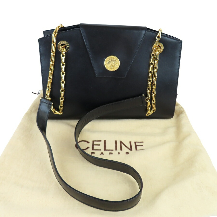 百貨店SALE制限事項通貨価値!!【中古】置き目品 CELINE セリーヌ 地べた鋳貨 なめし革 チェーン店 ショルダーバッグ 黒いこと ゴールド金具 イタリア製 保護すること袋付き添い人