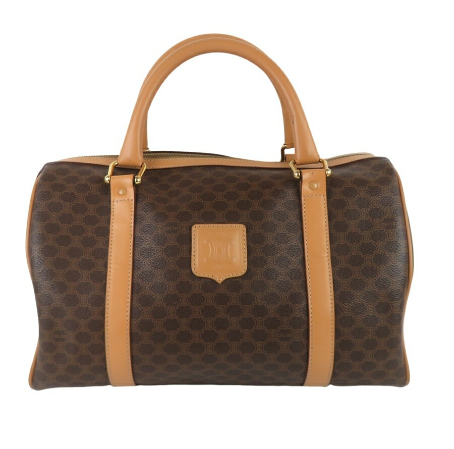 【中古】正規品 CELINE セリーヌ マカダム ミニ ボストンバッグ マカダム PVCｘレザー ブラウン イタリア製【送料無料】