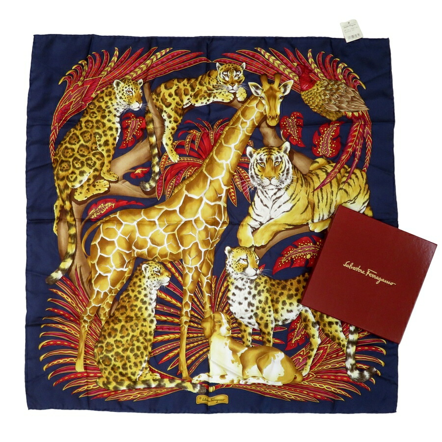 百貨店SALE押さえる通貨価値!!【中古】定め事品 Salvatore Ferragamo サルヴァトーレ・フェラガモ えり巻き 地絹100％ アニマルプリント 麒麟 ヒョウ 虎  米国海軍 イタリア製 外箱付き添い人