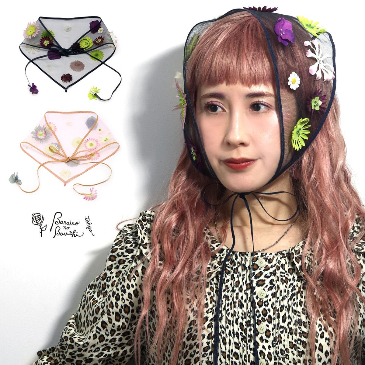 市場 ヘッドドレス ショール 可愛い 春夏 バラ色の帽子 つけ襟 バブーシュカ 日本製 三角巾 お花の三角巾 レディース 代