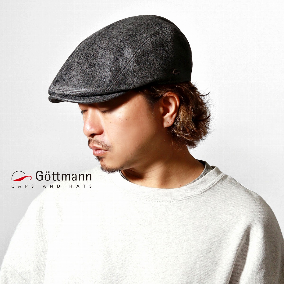 Gottmann ゴットマン ハンチング帽 メンズ 帽子 ラム革 アンティークレザー 秋冬 jackson-L ドイツ ブランド レザー オーガニックコットン ハンチング 大きいサイズ ハンチング帽子 57cm 58cm 60cm 62cm 64cm リアルレザー 無地 30代 40代 50代 60代 グレー 父の日