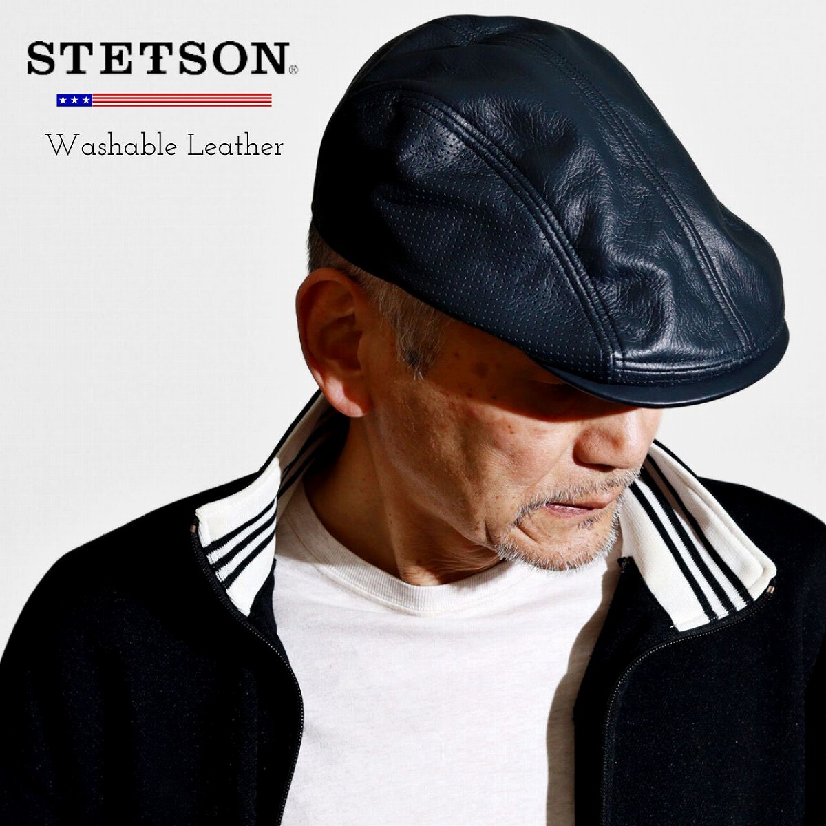 STETSON ハンチング メンズ 本革 洗濯可能 レザー 紺 ネイビー 日本製 ステットソンブランド ハンチング帽 メッシュ パンチング加工 通気性 フォーパネル メッシュ裏地 軽量 高級 高品質 40代 50代 60代 70代 帽子 春 夏 秋 冬 紳士帽子 父の日 ギフト