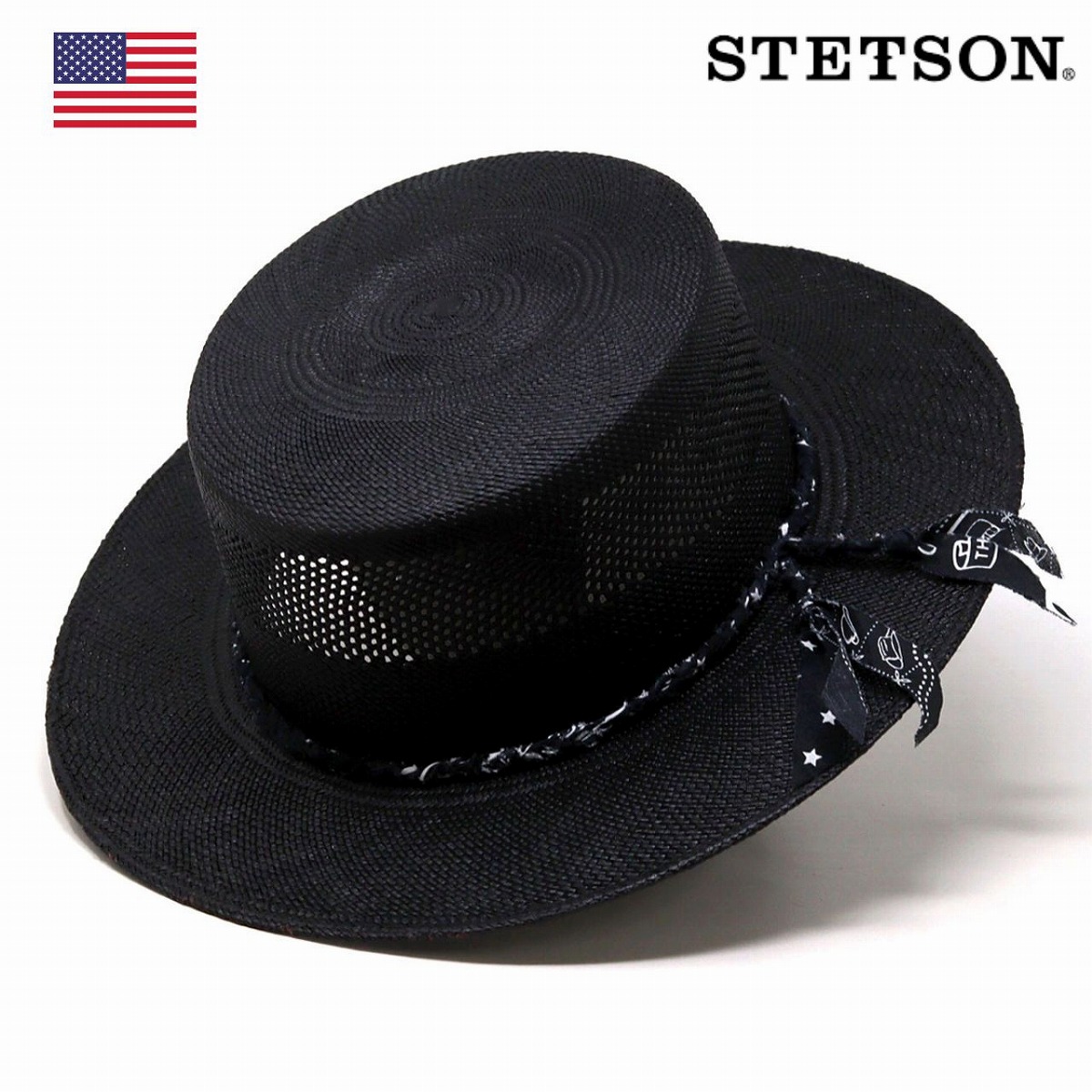 \最終26H限定▼全品10%OFFクーポン/ ステットソン カンカン帽 メンズ パナマハット STETSON メンズ ボーターハット 透かし編み 天然素材 通気性 UV対策 リゾート 春夏 バンダナリボン サマーハット ブラック 黒 大人 リゾート 夏 高級 紳士帽子 上品 夏 麦わら帽|ELEHELM帽子通販専門店