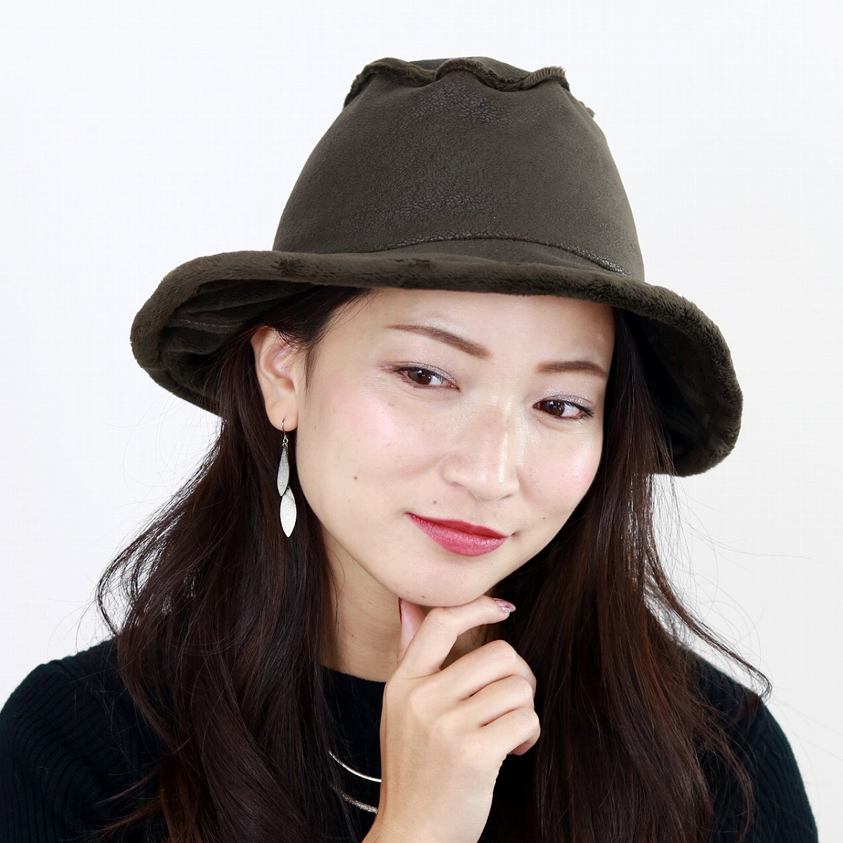 ＼本日｜全品5%OFFクーポン／ ステットソン ハット レディース 秋 冬 帽子 日本製 フェイクレザー ダウンハット STETSON フェイクファー 大人 ぼうし ヴィンテージ風 かっこいい 無地 サイズ調整 Mサイズ カーキ 母の日