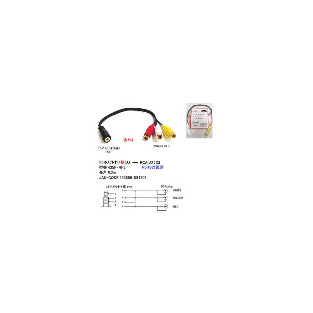 楽天市場】3.5φステレオ(4極/オス)⇔RCA(メス)x3変換ケーブル/OMTP対応/30cm(3C-OMTP-RF3) : ミルフォード