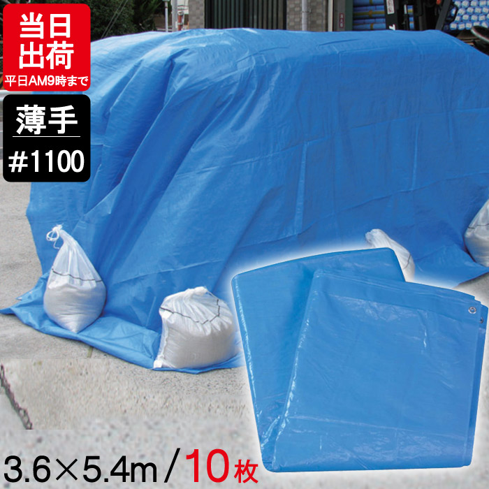 【10％OFF★4/10 1:59まで】 ブルーシート 薄手 3.6m×5.4m #1100 10枚単位 ハトメ付 軽量タイプ レジャー シート 敷物 ござ 災害 台風 防災 養生 対策 運動会 行楽 花見 海水浴 キャンプ テント 雨よけ 防水 屋外 アウトドア 作業 道具 DIY