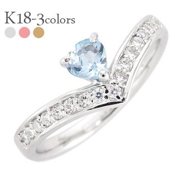 K18 アクアマリン 3月誕生石 ハート リング ダイヤモンド 0.17ct 18金 イエローゴールド ピンクゴールド ホワイトゴールド 18k エタニティリング V字 Vライン ハーフエタニティリング 指輪 レディース ジュエリー アクセサリー プレゼント ギフト 人気 おすすめ 送料無料 SSS