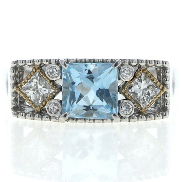K18WG ホワイトゴールド リング アクアマリン 0.98ct ダイヤモンド 0.35ct スクエア ミルグレイン 指輪 11.5号 【新品仕上済】【zz】【中古】【送料無料】