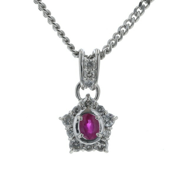 Pt900 Pt850 プラチナ ネックレス ダイヤモンド 0.33ct ルビー 0.25ct 取巻き 五角形 ペンタゴン 40cm【新品仕上済】【zz】【中古】【送料無料】
