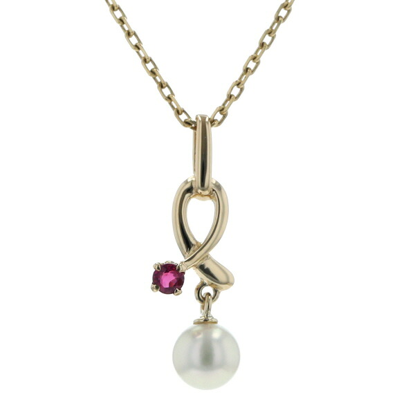 MIKIMOTO ミキモト K14YG イエローゴールド ネックレス ルビー ダイヤ パール アコヤ真珠 5.2mm リボン 37.5cm 【新品仕上済】【zz】【中古】【送料無料】