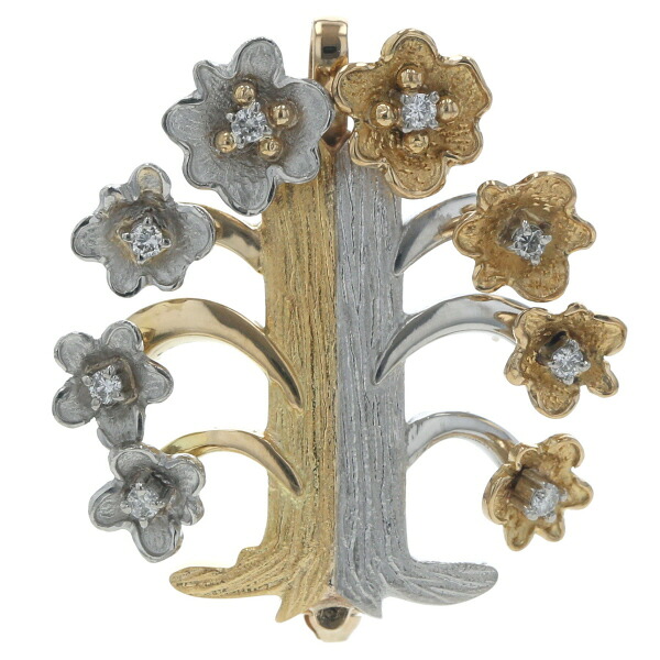 K18YG Pm イエローゴールド プラチナ ブローチ トップ ダイヤモンド 0.12ct 木 花 ツリー フラワー つや消し【新品仕上済】【zz】【中古】【送料無料】｜EverydayGoldrush