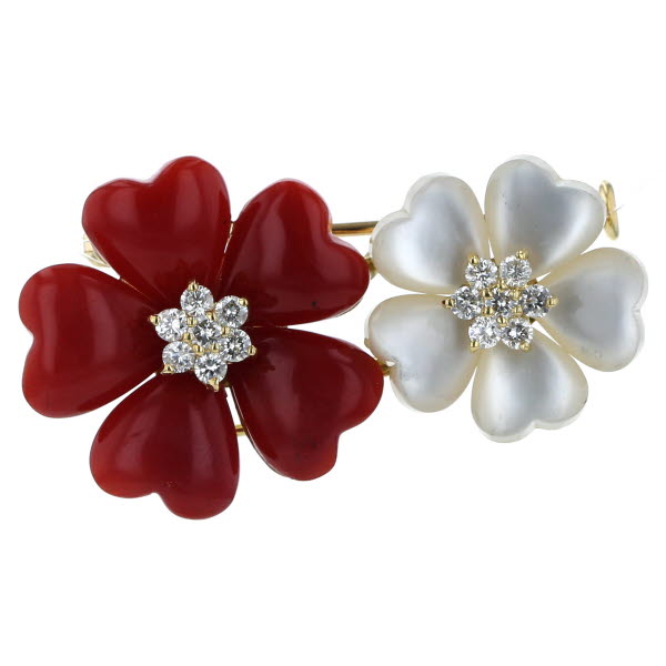 K18YG イエローゴールド ブローチ ダイヤモンド0.35ct サンゴ 珊瑚 シェル フラワー 花 2輪 紅白 和風モチーフ