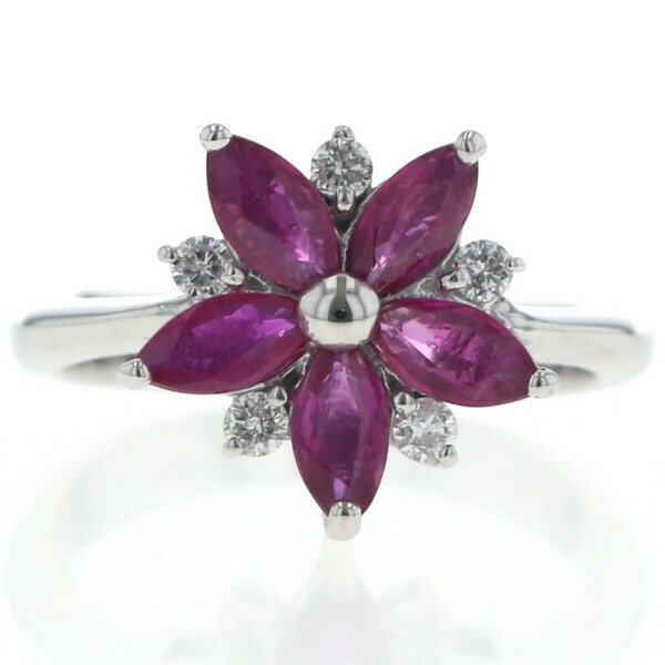 K18WG ホワイトゴールド リング ルビー 1.01ct ダイヤモンド 0.13ct マーキス フラワー 花 指輪 9.5号【新品仕上済】【zz】【中古】【送料無料】