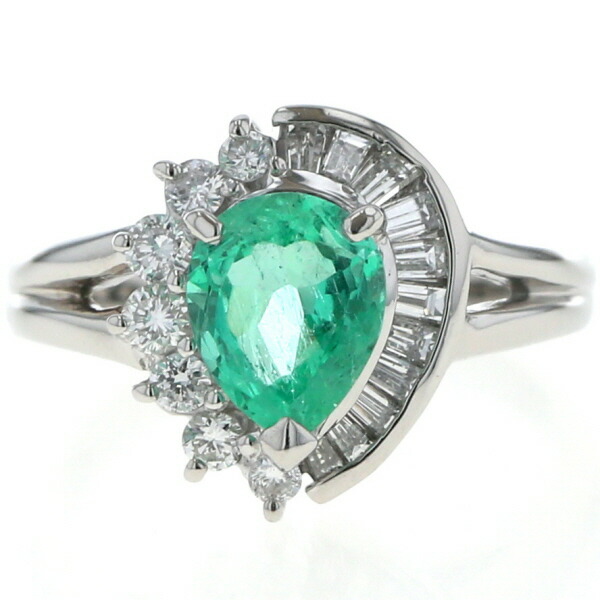 Pt850 プラチナ リング エメラルド 0.98ct ダイヤモンド 0.41ct 取り巻き ペアシェイプカット 指輪 8号【新品仕上済】【zz】【中古】【送料無料】 55,055円