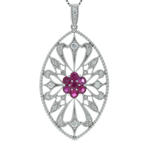 K18WG ホワイトゴールド ネックレス ルビー 0.55ct ダイヤモンド 0.25ct 花 ミル打ち 透かし 44cm【新品仕上済】【zz】【中古】【送料無料】