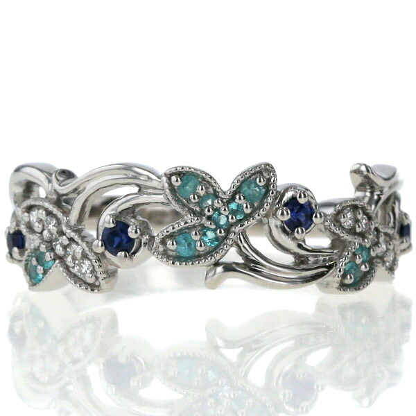 GSTV Pt950 プラチナ リング パライバトルマリン0.06ct サファイア ダイヤモンド 花 葉 ミル打ち 指輪 20号【新品仕上済】【zz】【中古】【送料無料】