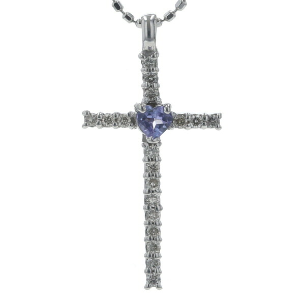 K18WG ホワイトゴールド ネックレス タンザナイト ダイヤモンド 0.12ct 十字架 クロス ハート 39cm【新品仕上済】【zz】【中古】【送料無料】｜EverydayGoldrush