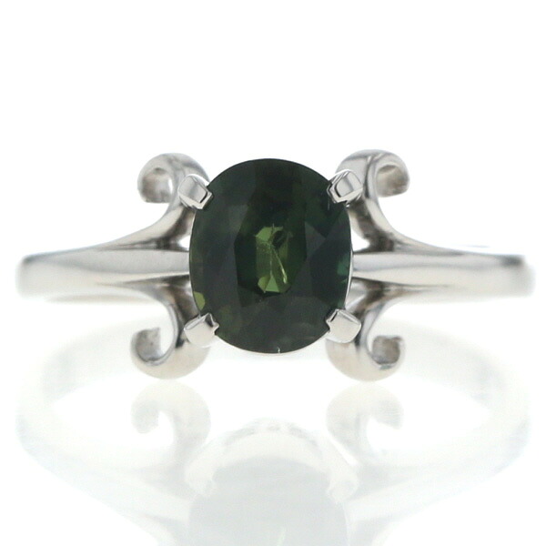 Pt900 プラチナ リング グリーンサファイア 1.2ct 一粒 オーバル フルールドリス 百合 ヴィンテージ 指輪 12号【新品仕上済】【zz】【中古】【送料無料】