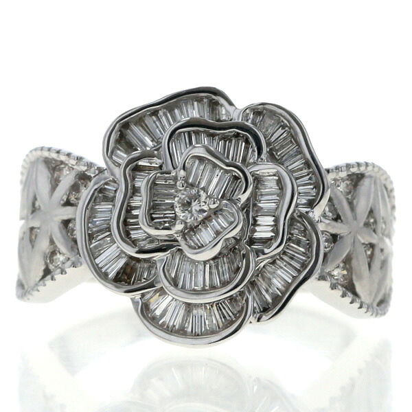 QVC K18WG ホワイトゴールド リング ダイヤモンド 0.77ct バラ 薔薇 花 フラワー つや消し 指輪 13.5号【新品仕上済】【zz】【中古】【送料無料】