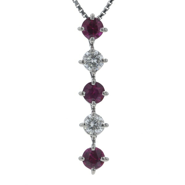 Pt850 Pt900 プラチナ ネックレス ルビー 0.602ct ダイヤモンド 0.30ct 5粒 ライン ストレート スイング 45cm【新品仕上済】【zz】【中古】【送料無料】｜EverydayGoldrush