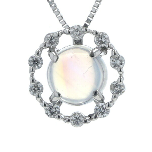 K18WG ホワイトゴールド ネックレス ダイヤモンド 0.13ct ブルームーンストーン 0.90ct サークル 45cm【新品仕上済】【zz】【中古】【送料無料】