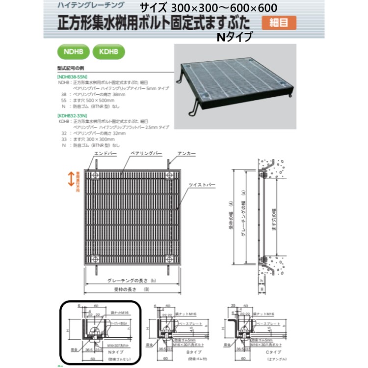 宝設備 ハイテングレーチング 四角四面集水桝用雄捻子くっ付ける式ますぶたN印字機 300×300～600×600 所せまい