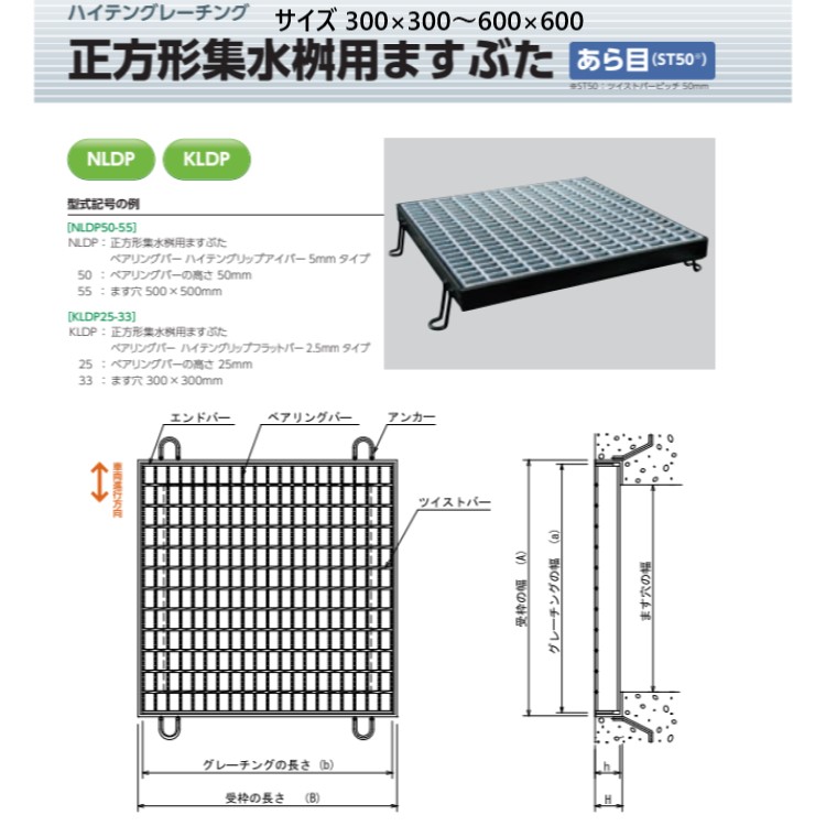 宝設備 ハイテングレーチング 四角四面集水桝用ますぶた 300×300～600×600 あら目