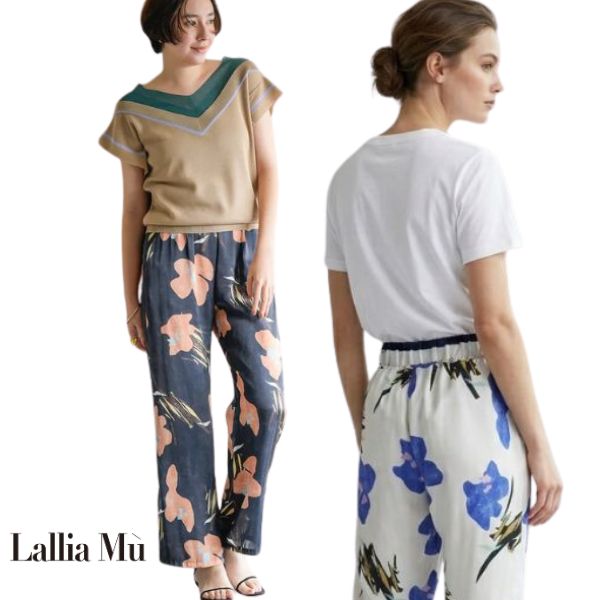 フラワー プリント サテン パンツ ラリアムー 38サイズ 2612751 春 夏 ハルズアミ ズボン lallia mu 新品 正規品 オフホワイト ネイビー 素敵 オン・オフ オフィスカジュアル きれいめ 通勤 リラックス スタイルアップ 大人可愛いエレガンス 服 脚長効果 キャリア|街の洋服屋フタバ
