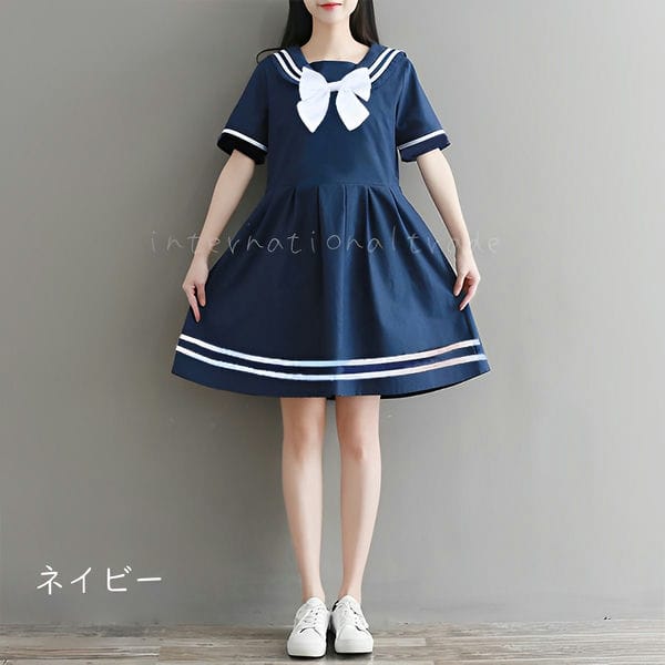 楽天市場 S レディース服 セーラーワンピース Flavor フレイバー フレーバー アイドルコスチューム コスプレ セーラー襟 セーラーワンピ アイドル衣装 ミニワンピース 半袖ワンピース リボン ハイウエスト ホワイト ネイビー かわいい 可愛い Flopsy Mart